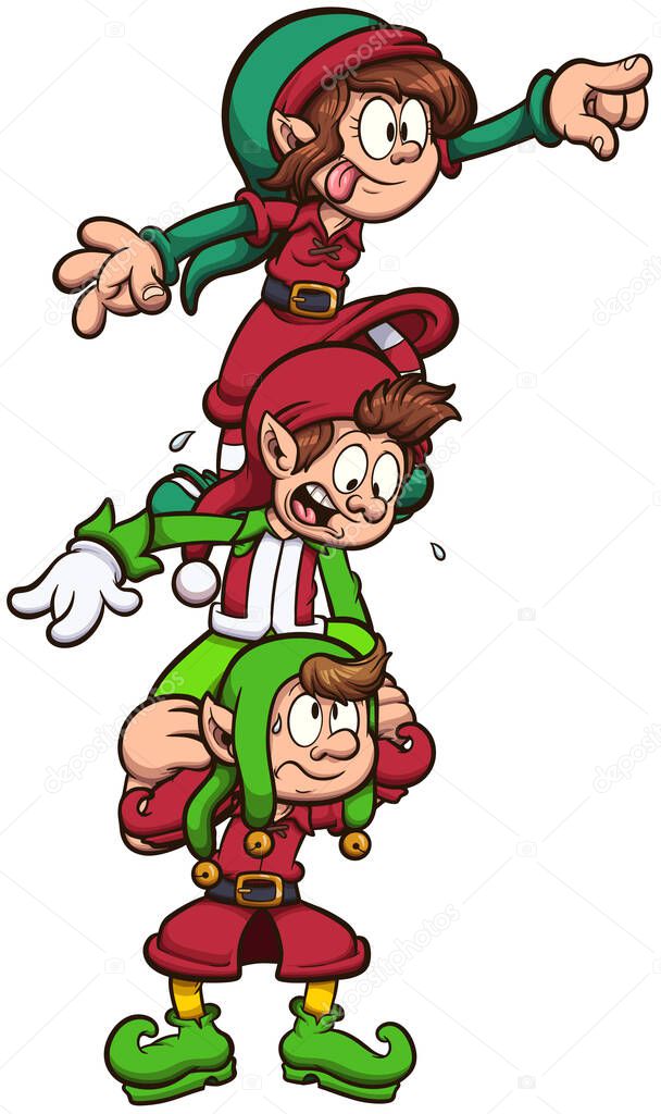 Cartoon Christmas Elves Lifting Each Other Up. Vector illustration with simple gradients.