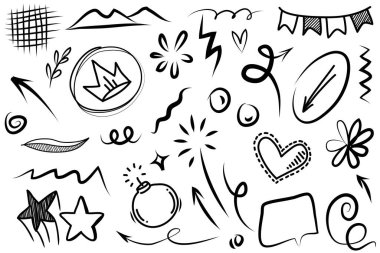 Soyut oklar, kurdeleler, havai fişekler, kalpler, şimşek, sevgi, yaprak, yıldızlar, koni, taç ve diğer elementler konsept tasarımlar için el çizimi tarzında. Scribble illüstrasyonu.
