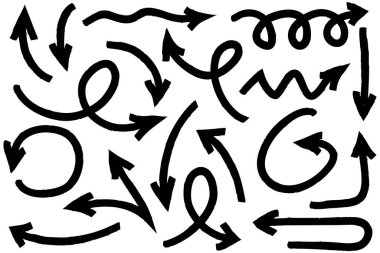 Elle çizilmiş oklar. Vektör karalama tasarım elementleri. İş bilgileri, afişler, web ve konsept tasarımı için beyaz arkaplan üzerine resim..