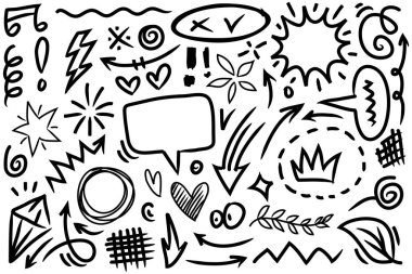 Soyut oklar, kurdeleler, havai fişekler, kalpler, şimşek, sevgi, yaprak, yıldızlar, koni, taç ve diğer elementler konsept tasarımlar için el çizimi tarzında. Scribble illüstrasyonu.