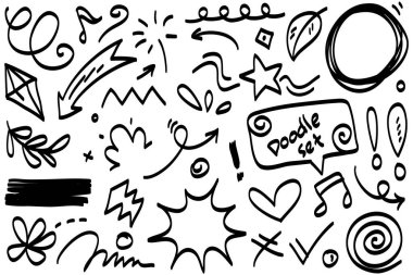 Soyut oklar, kurdeleler, havai fişekler, kalpler, şimşek, sevgi, yaprak, yıldızlar, koni, taç ve diğer elementler konsept tasarımlar için el çizimi tarzında. Scribble illüstrasyonu.