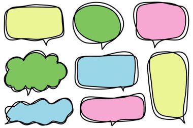 Konuşma baloncukları kümesi. İşletme, sohbet, gelen kutusu, diyalog, mesaj, soru, iletişim, konuşma, etiket, balon, düşünme için pastel renkte çocuk stili çizim.