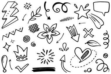 Abstract arrows, ribbons, fireworks, hearts, lightning,love , leaf, stars, cone, crowns and other elements in a hand drawn style for concept designs. Scribble illustration. clipart