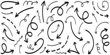 Elle çizilmiş oklar. Vektör karalama tasarım elementleri. İş bilgileri, afişler, web ve konsept tasarımı için beyaz arkaplan üzerine resim..