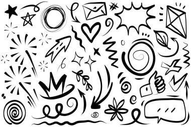 Soyut oklar, kurdeleler, havai fişekler, kalpler, şimşek, sevgi, yaprak, yıldızlar, koni, taç ve diğer elementler konsept tasarımlar için el çizimi tarzında. Scribble illüstrasyonu.