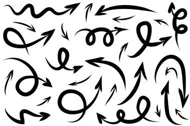 Elle çizilmiş oklar. Vektör karalama tasarım elementleri. İş bilgileri, afişler, web ve konsept tasarımı için beyaz arkaplan üzerine resim..