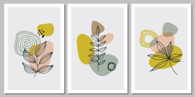 Pastel renklerde çağdaş sanat posterleri koleksiyonu. Soyut kağıt geometrik elementleri ve vuruşları, yaprakları ve noktaları keser. Sosyal medya, kartpostallar, baskılar için harika deisgn.