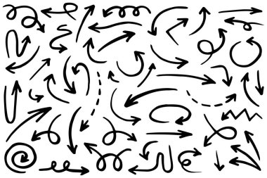 Elle çizilmiş oklar. Vektör karalama tasarım elementleri. İş bilgileri, afişler, web ve konsept tasarımı için beyaz arkaplan üzerine resim..