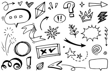 Soyut oklar, kurdeleler, havai fişekler, kalpler, şimşek, sevgi, yaprak, yıldızlar, koni, taç ve diğer elementler konsept tasarımlar için el çizimi tarzında. Scribble illüstrasyonu.