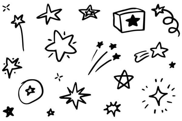 Набор Черных Рисованных Вручную Каракулей Звезд Изолированном Белом Фоне — стоковый вектор