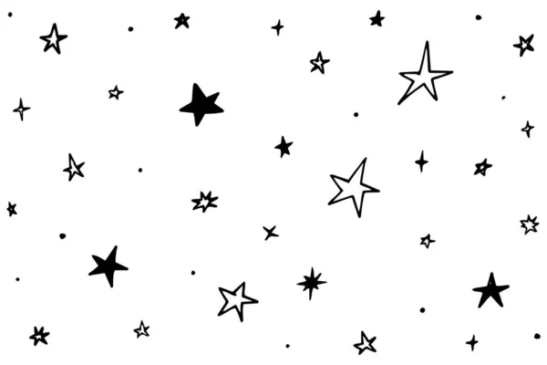 Set Med Svarta Handritade Doodle Stjärnor Isolerad Vit Bakgrund — Stock vektor