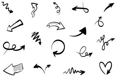 Elle çizilmiş oklar. Vektör karalama tasarım elementleri. İş bilgileri, afişler, web ve konsept tasarımı için beyaz arkaplan üzerine resim..