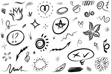 Soyut oklar, kurdeleler, havai fişekler, kalpler, şimşek, sevgi, yaprak, yıldızlar, koni, taç ve diğer elementler konsept tasarımlar için el çizimi tarzında. Scribble illüstrasyonu.