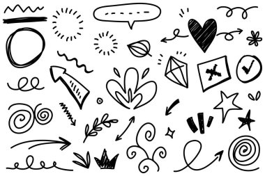 Soyut oklar, kurdeleler, havai fişekler, kalpler, şimşek, sevgi, yaprak, yıldızlar, koni, taç ve diğer elementler konsept tasarımlar için el çizimi tarzında. Scribble illüstrasyonu.