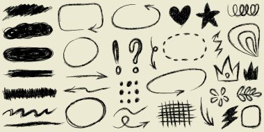 Soyut oklar, kurdeleler, havai fişekler, kalpler, şimşek, sevgi, yaprak, yıldızlar, koni, taç ve diğer elementler konsept tasarımlar için el çizimi tarzında. Scribble illüstrasyonu.