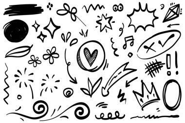 Abstract arrows, ribbons, fireworks, hearts, lightning,love , leaf, stars, cone, crowns and other elements in a hand drawn style for concept designs. Scribble illustration. clipart