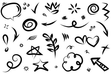 Soyut oklar, kurdeleler, havai fişekler, kalpler, şimşek, sevgi, yaprak, yıldızlar, koni, taç ve diğer elementler konsept tasarımlar için el çizimi tarzında. Scribble illüstrasyonu.