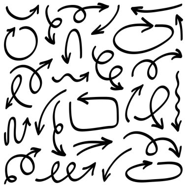 Elle çizilmiş oklar. Vektör karalama tasarım elementleri. İş bilgileri, afişler, web ve konsept tasarımı için beyaz arkaplan üzerine resim..