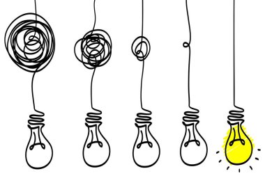 Parlak ışıklı ampul. Çizgi film tarzı. Düz stil. El çizimi stili. Doodle tarzı. Yaratıcılığın, yeniliğin, ilhamın, icadın ve fikirlerin sembolü. Vektör illüstrasyonu