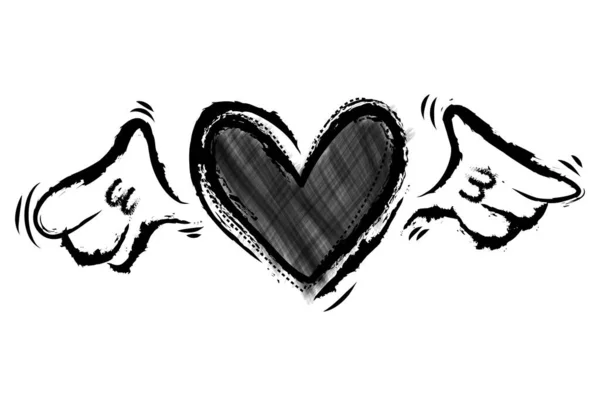 Doodle Hearts Corações Amor Alados Mão Desenhada Estilo Escova Giz — Vetor de Stock