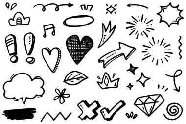 Soyut oklar, kurdeleler, havai fişekler, kalpler, şimşek, sevgi, yaprak, yıldızlar, koni, taç ve diğer elementler konsept tasarımlar için el çizimi tarzında. Scribble illüstrasyonu.