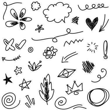 Soyut oklar, kurdeleler, havai fişekler, kalpler, şimşek, sevgi, yaprak, yıldızlar, koni, taç ve diğer elementler konsept tasarımlar için el çizimi tarzında. Scribble illüstrasyonu.
