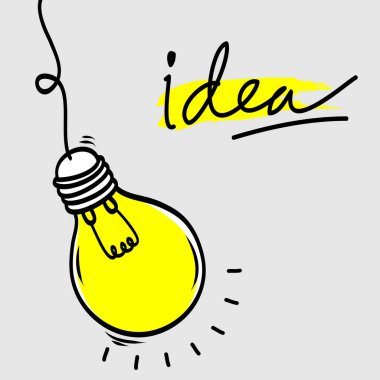 Parlak ışıklı ampul. Çizgi film tarzı. Düz stil. El çizimi stili. Doodle tarzı. Yaratıcılığın, yeniliğin, ilhamın, icadın ve fikirlerin sembolü. Vektör illüstrasyonu