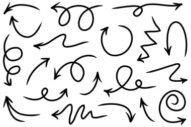 Elle çizilmiş oklar. Vektör karalama tasarım elementleri. İş bilgileri, afişler, web ve konsept tasarımı için beyaz arkaplan üzerine resim..