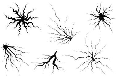 Zemin çatlakları ayarlandı. Deprem ve zemin çatlakları, delik etkisi, Craquelure ve hasarlı duvar dokusu. Vektör illüstrasyonları deprem, çarpma ve yıkım konularında kullanılabilir