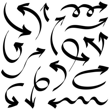 Elle çizilmiş oklar. Vektör karalama tasarım elementleri. İş bilgileri, afişler, web ve konsept tasarımı için beyaz arkaplan üzerine resim..