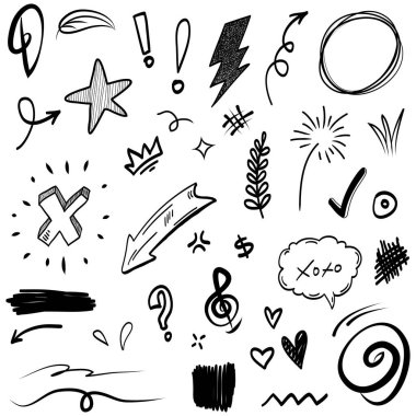 Çizgiler, oklar, daireler ve eğriler vektörü. El çizimi tasarım elementleri bilgi için beyaz arkaplanda izole edildi. vektör illüstrasyonu.