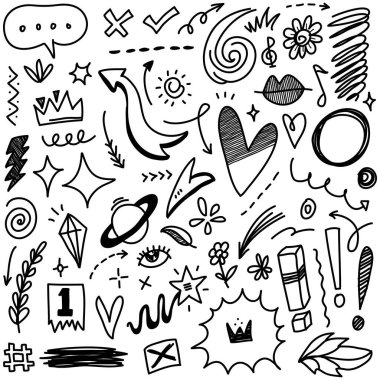 Soyut oklar, kurdeleler, havai fişekler, kalpler, şimşek, sevgi, yaprak, yıldızlar, koni, taç ve diğer elementler konsept tasarımlar için el çizimi tarzında. Scribble illüstrasyonu.