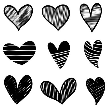 Doodle Hearts, el yapımı aşk kalpleri. Vektör illüstrasyonu.