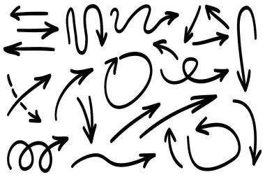 Elle çizilmiş oklar. Vektör karalama tasarım elementleri. İş bilgileri, afişler, web ve konsept tasarımı için beyaz arkaplan üzerine resim..