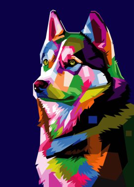 Renkli bir köpek kafası ve izole edilmiş pop sanat tarzı bir arka plan. WPAP biçimi