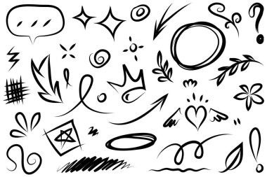 Çizgiler, oklar, daireler ve eğriler vektörü. El çizimi tasarım elementleri bilgi için beyaz arkaplanda izole edildi. vektör illüstrasyonu.