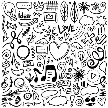 Çizgiler, oklar, daireler ve eğriler vektörü. El çizimi tasarım elementleri bilgi için beyaz arkaplanda izole edildi. vektör illüstrasyonu.