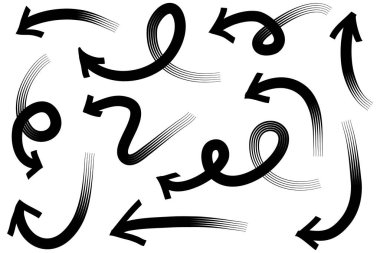 Elle çizilmiş oklar. Vektör karalama tasarım elementleri. İş bilgileri, afişler, web ve konsept tasarımı için beyaz arkaplan üzerine resim..