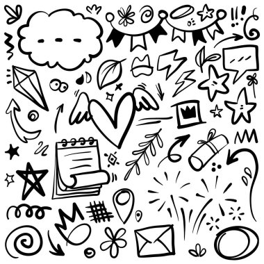 El çizimi elementler, soyut oklar, kurdeleler, kalpler, yıldızlar, taçlar ve diğer elementler konsept tasarımlar için el çizimi tarzında. Yazı illüstrasyonu. Vektör illüstrasyonu.