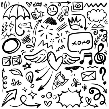 Çizgiler, oklar, daireler ve eğriler vektörü. El çizimi tasarım elementleri bilgi için beyaz arkaplanda izole edildi. vektör illüstrasyonu.