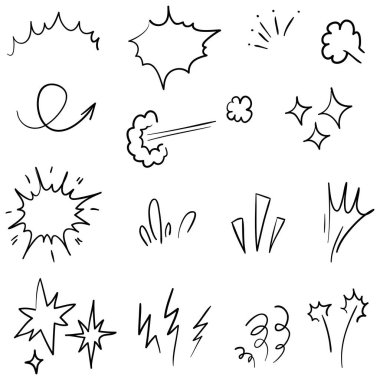 Elle çizilmiş sevimli çizgi film ifadesinin vektör kümesi karalama çizgisi vuruşu. hareket çizimi, eğri yön okları, emoticon efektleri tasarım elemanları, çizgi film karakteri duygu sembolleri,