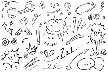 Elle çizilmiş karikatür tabelaları, eğri yönlü oklar, ifade efektleri tasarım elemanları, çizgi film karakteri duygu sembolleri, sevimli dekoratif fırça darbeleri..