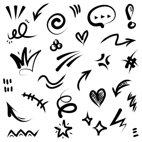 stock vector Vector set of hand-drawn cartoony expression sign doodle, curve directional arrows, emoticon effects design elements, cartoon character emotion symbols, cute decorative brush stroke lines.