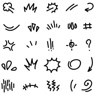 Elle çizilmiş karikatür tabelaları, eğri yönlü oklar, ifade efektleri tasarım elemanları, çizgi film karakteri duygu sembolleri, sevimli dekoratif fırça darbeleri..