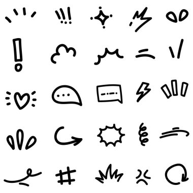 Elle çizilmiş karikatür tabelaları, eğri yönlü oklar, ifade efektleri tasarım elemanları, çizgi film karakteri duygu sembolleri, sevimli dekoratif fırça darbeleri..