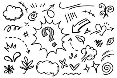 Elle çizilmiş karikatür tabelaları, eğri yönlü oklar, ifade efektleri tasarım elemanları, çizgi film karakteri duygu sembolleri, sevimli dekoratif fırça darbeleri..