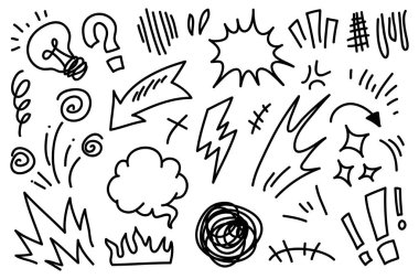 Elle çizilmiş karikatür tabelaları, eğri yönlü oklar, ifade efektleri tasarım elemanları, çizgi film karakteri duygu sembolleri, sevimli dekoratif fırça darbeleri..