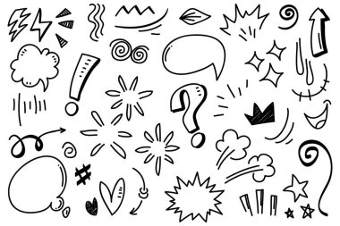 Elle çizilmiş karikatür tabelaları, eğri yönlü oklar, ifade efektleri tasarım elemanları, çizgi film karakteri duygu sembolleri, sevimli dekoratif fırça darbeleri..