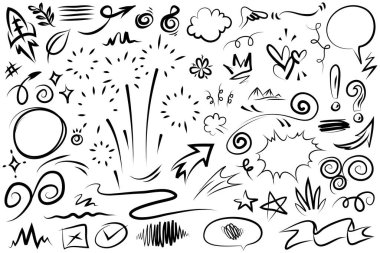 El çizimi elementler, soyut oklar, kurdeleler, kalpler, yıldızlar, taçlar ve diğer elementler konsept tasarımlar için el çizimi tarzında. Yazı illüstrasyonu. Vektör illüstrasyonu.