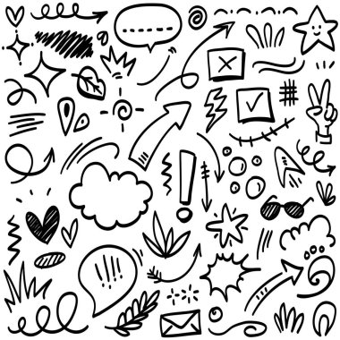 Elle çizilmiş karikatür tabelaları, eğri yönlü oklar, ifade efektleri tasarım elemanları, çizgi film karakteri duygu sembolleri, sevimli dekoratif fırça darbeleri..
